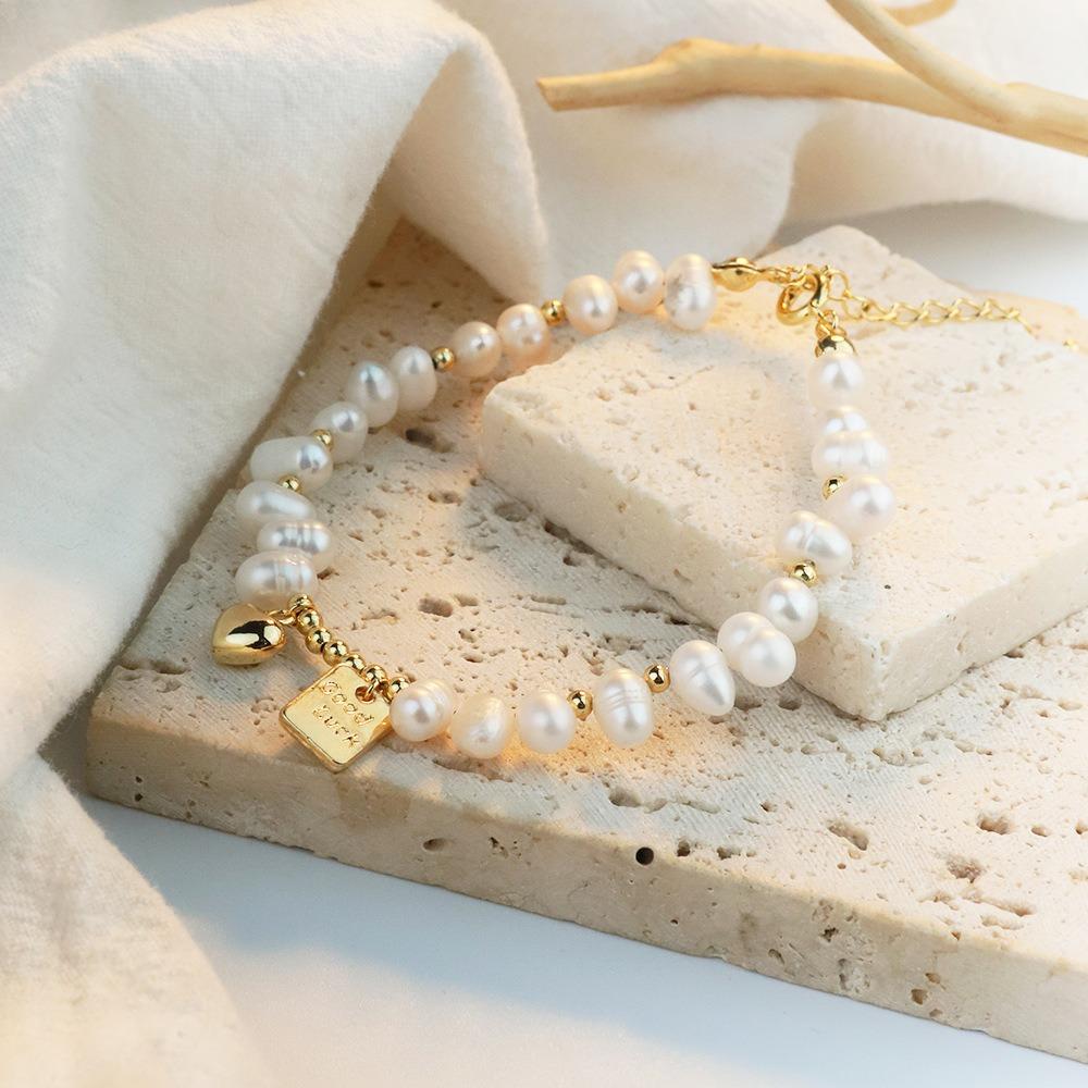 Non-Fading Heart Charm Bracelet Irregular Imitation Pearl Lucky Bracelet  Versatile Jewelry