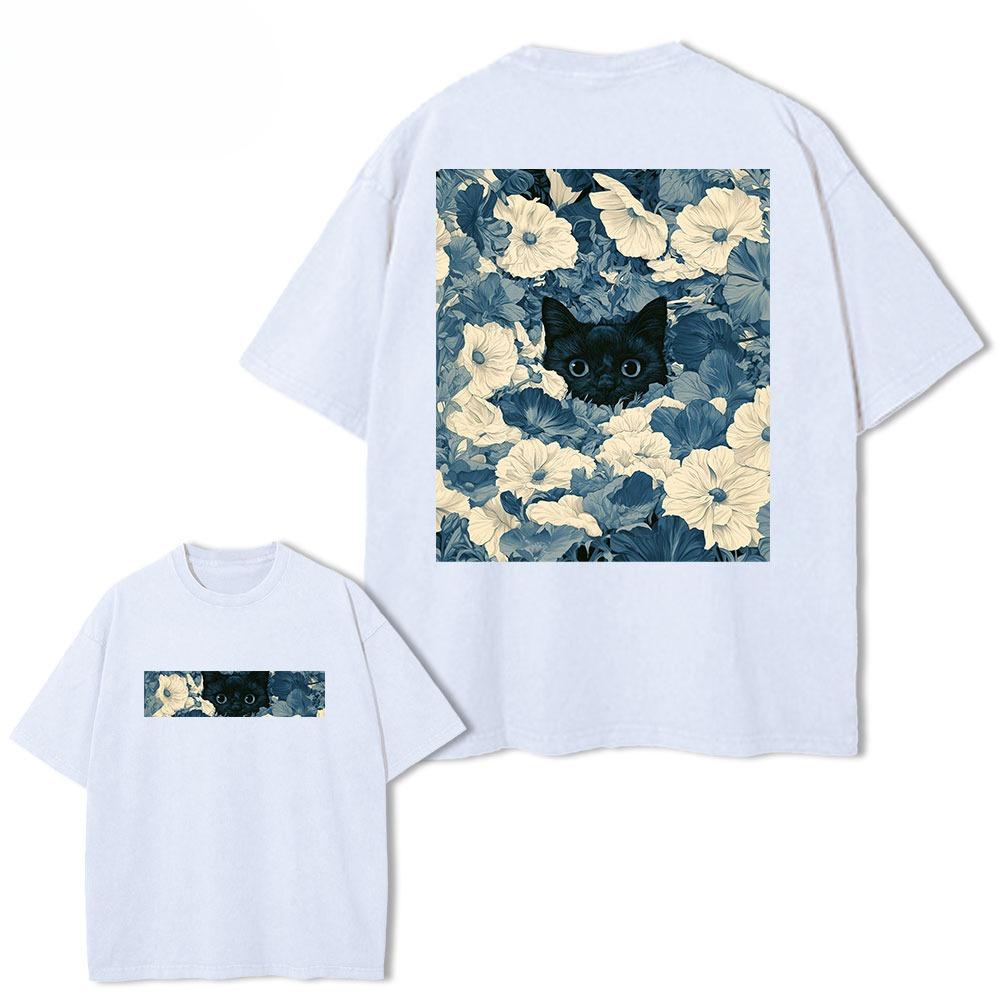 2026 Hot Sale Vintage Black Cat Floral Graphic T Shirt Retro Hidden Kitten Flower Art Print Unisex Cotton Crew Neck Short Sleeve Men Street Tee Top