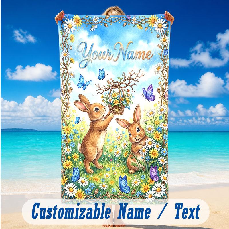 Easter Bunny Theme Beach Towel Personalized Custom Name & Text Soft Quick Dry Beach Towel for Swimming Travel
