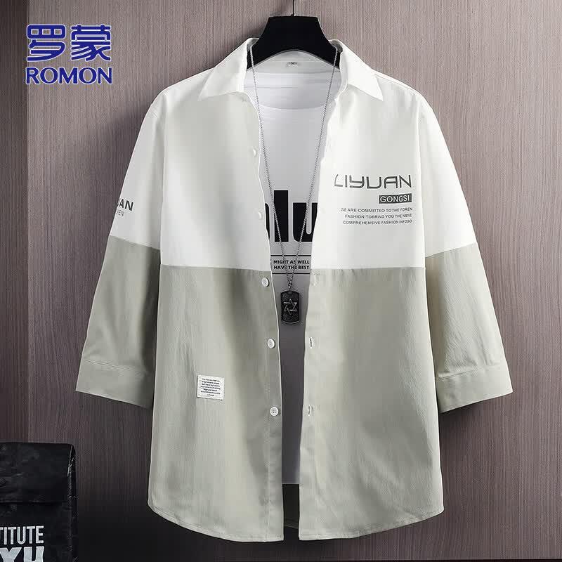 ROMON Men s Ice Silk Seven-Sleeve Casual Shirt XL