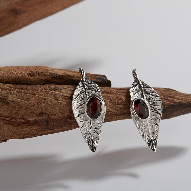 Original Leaf Design S925 Sterling Silver With Natural Garnet Topaz Peridot Colored Treasure Necklace Set