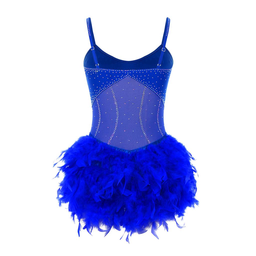 Womens Latin Dance Leotard Fuzzy Feather Skirt