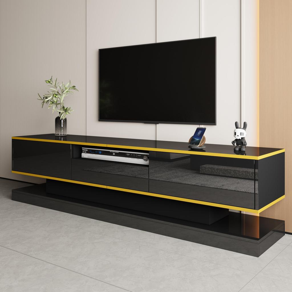 TV Cabinet, with 3 Drawers and Open Compartment, with LED Lighting and Golden Accents, Modern Lowboard with Plenty of Storage Space