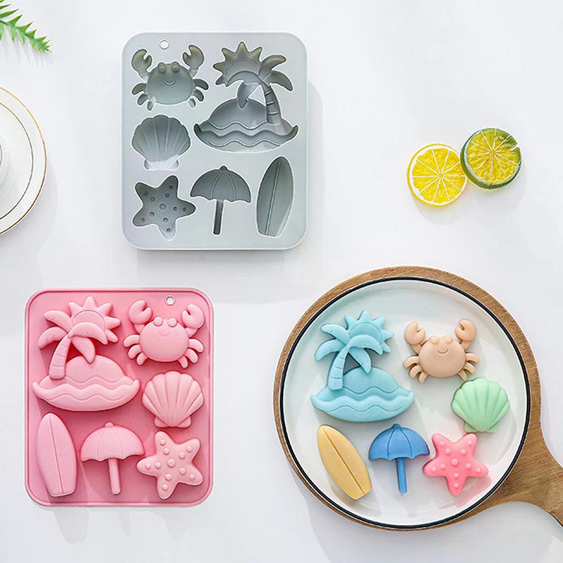 6-fach Silikonform Tropischer Strand Thema Sommer Tier Krabbe Muschel Fondant Süßigkeiten Schokolade Form DIY Backzubehör