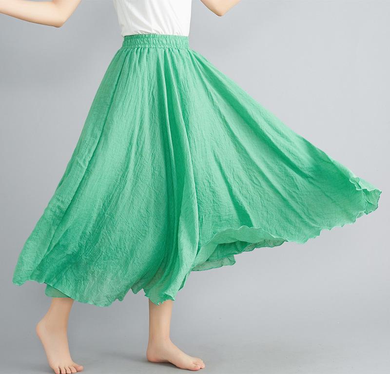 2024 Japan & Korea Loose Cotton-Linen Elastic Waist Midi Skirt – Solid Color A-line Swing Skirt