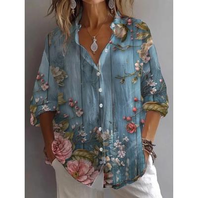 Summer Autumn Women's Shirt Flower Active Stylish Blouse Lapel Neck Blouse Women's Long Sleeve Shirts Womens Clothing Female Top