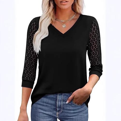 Temu Explosive V-Neck Lace Splicing Sleeves, Ladies Top S чёрный