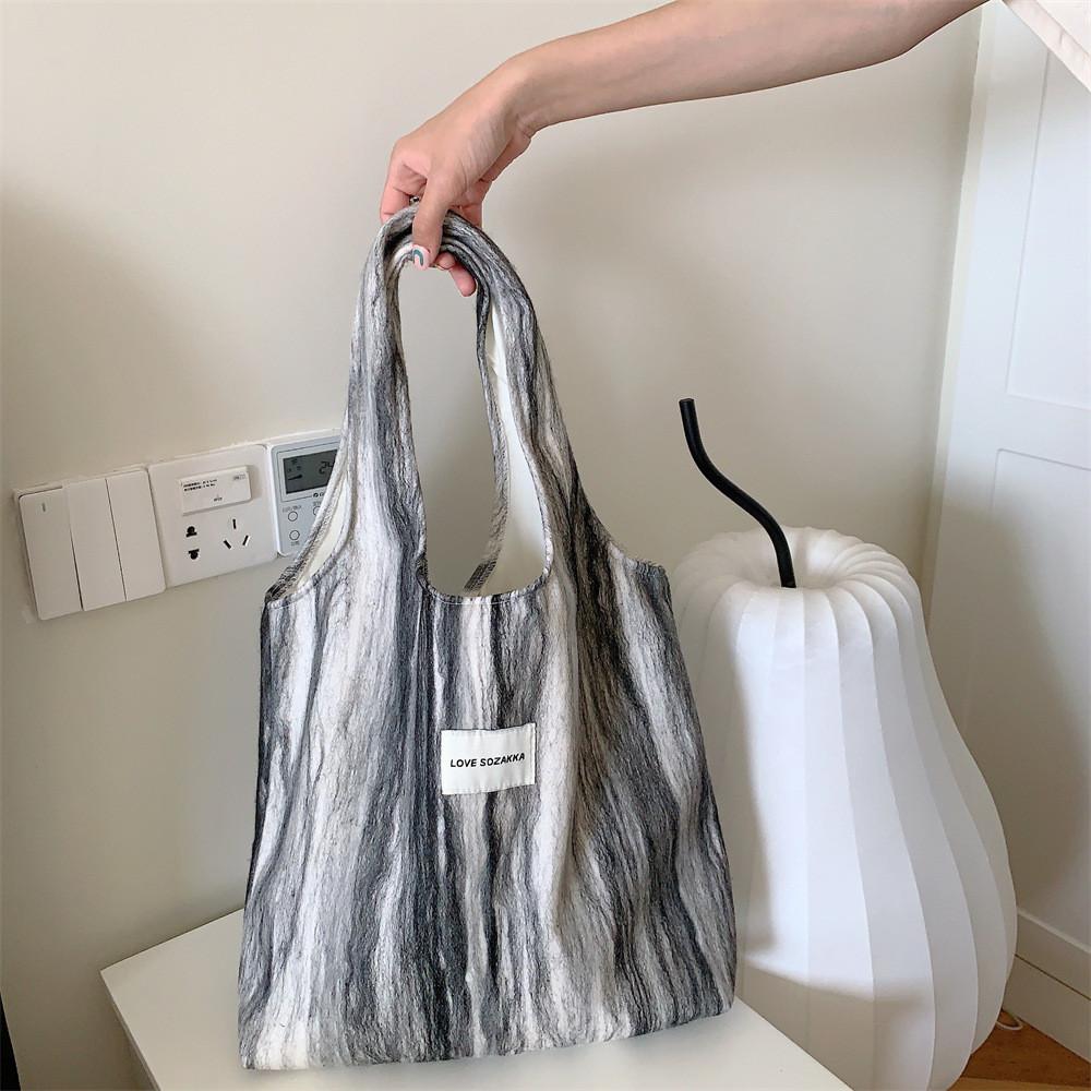 Stylish Woolen Striped Shoulder Tote Bag Trendy Canvas Bag For Students And Shopping