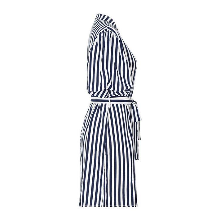 Women's Striped Shirt Dress Stand Collar Lotus Leaf Sleeve