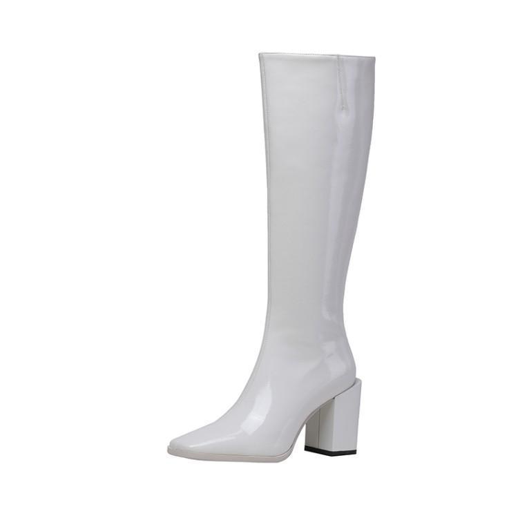 

Сапоги до бедра с квадратной головкой, осень-зима, новые, лакированные, до колена, женские, массивные, на высоком каблуке, однотонные, узкие, женские 35 покинуть белый
