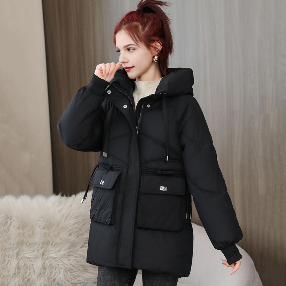 Winter Down Coat Thickened Padded Hooded Pockets Zipper Closure Drawstring Mid Length Windproof Heat Retention Daily Cold Weathe