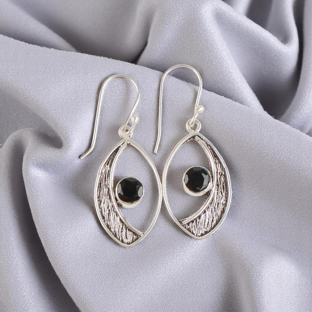 Black Onyx Gemstone 925 Sterling Silver Jewelry Handmade Earrings 1.60" For Gift EE-61-18
