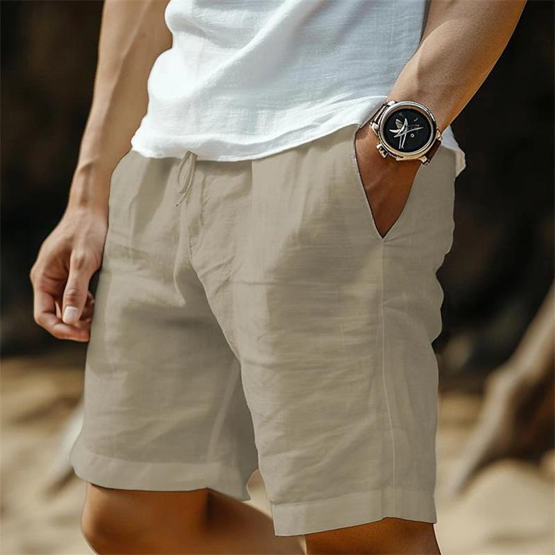 Cotton and Linen Shorts with Drawstring Elastic Waistband Straight Legs Solid Color Breathable Daily Beach Five Point Casual Men’s Shorts