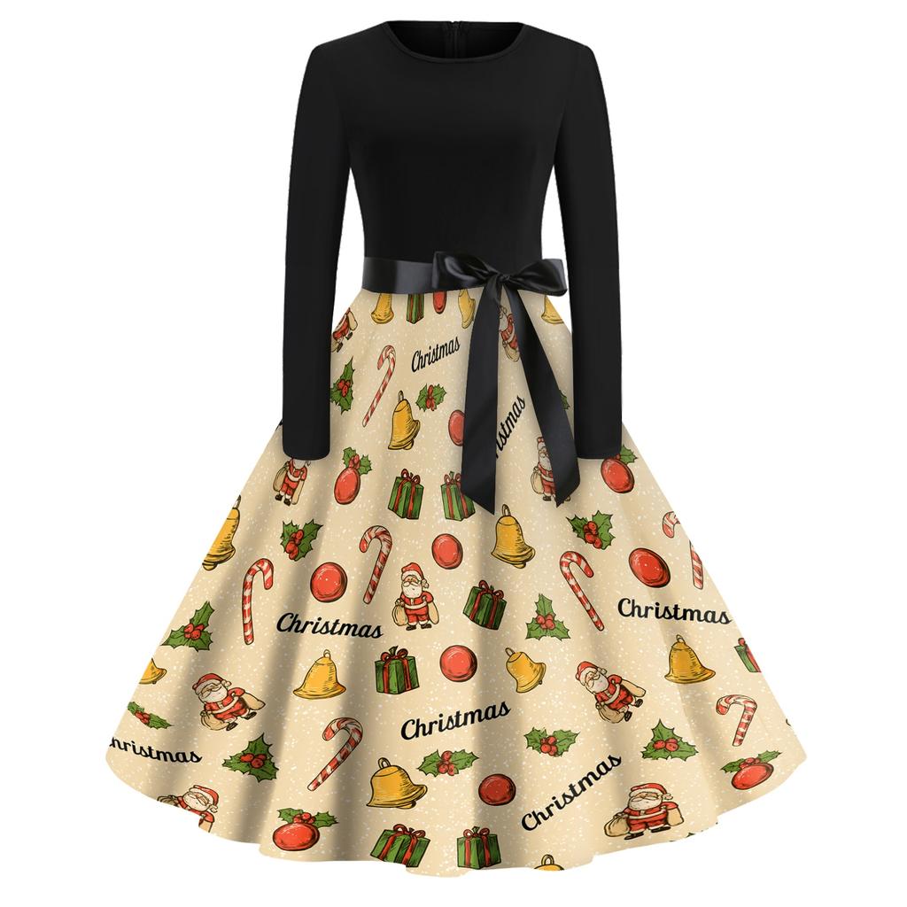 Women's Vintage V-Neck Christmas Print Casual Dress for Holiday Party