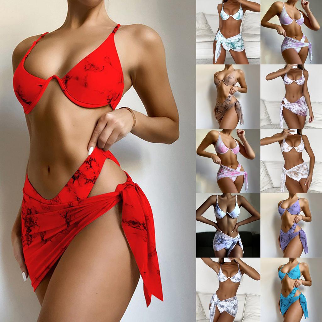 Women's Summer Fashion Sexy Marble-print Adjust The Shoulder Straps Waist Veils Knot Hem Bikini Three-pieces Swimsuit