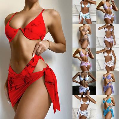 Moda feminina verão sexy mármore-estampa ajuste as alças cintura véus nó bainha biquíni três peças maiô