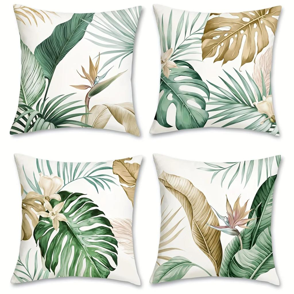 Golden Green Palm Leaf Decorative Pillowcase,Ultra-Soft Polyester Material Living Room Sofa Back Car Pillowcase Home Decoration