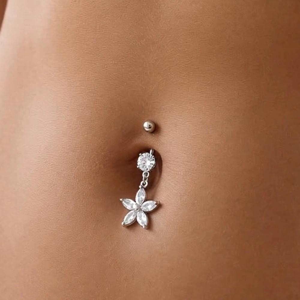 Dangled Design Apricot Blossom Navel Jewelry Zinc Zinc Alloy Flower Rhinestone Belly Ring  Women
