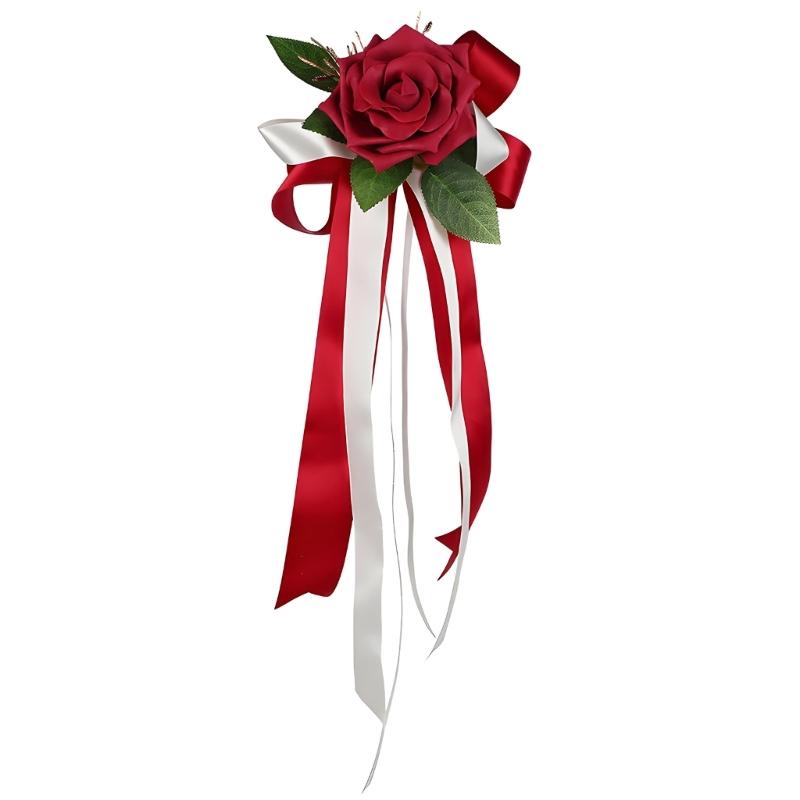 Wedding Rose Ornament for Car Use, Faux Rose Ribbon Accent for Engagement Signs, Party Tables, and Home Display