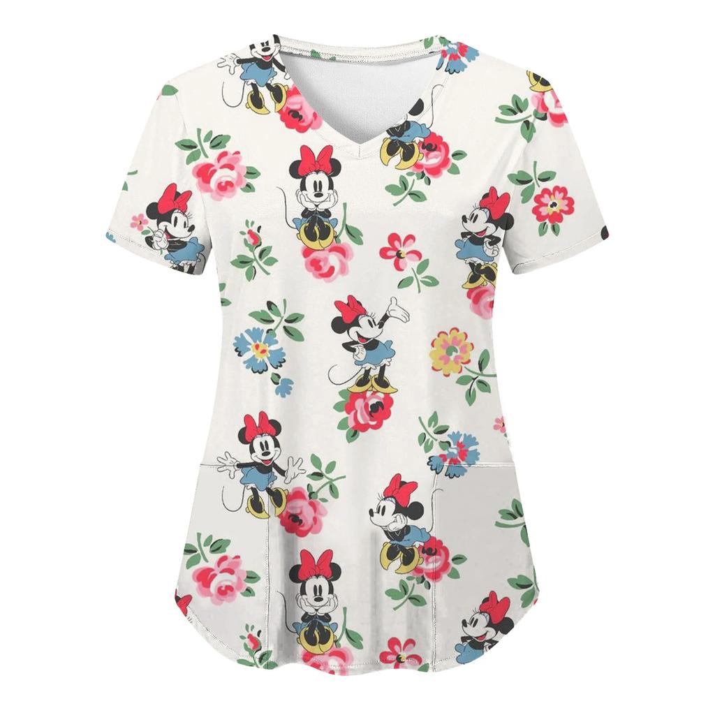 Miniso Minnie Mouse T-shirts V Neck Woman Clothes Hospital Tops Disney Top Women 2025 Nurse Uniform T-shirt Pocket Summer Tees