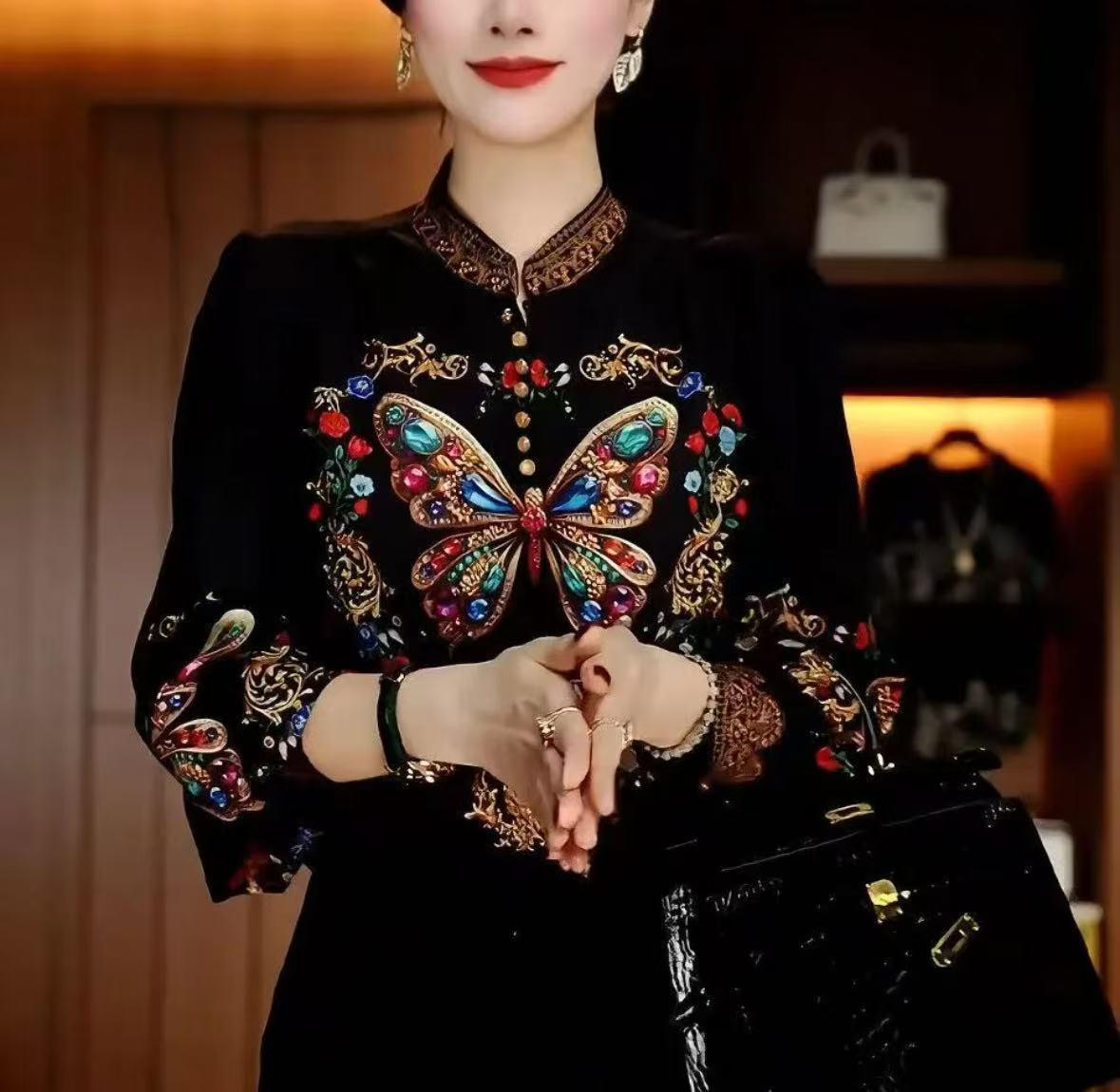 

Европейский и американский женский кардиган свободного кроя с принтом и длинными рукавами - Новый китайский национальный стиль L [90-105 kg] чёрный