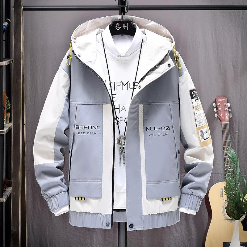 Spring Autumn Plus Size Men's Jacket Hooded Windbreaker Coats Fashion Letter Printed Patchwork Outwear Casual Jackets
