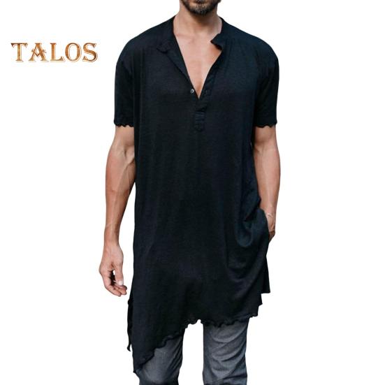 Мужская летняя футболка с V-образным вырезом и короткими рукавами, неровными краями, средней длины, однотонная свободная уличная рубашка на пуговицах для повседневной носки в клубе M чёрный