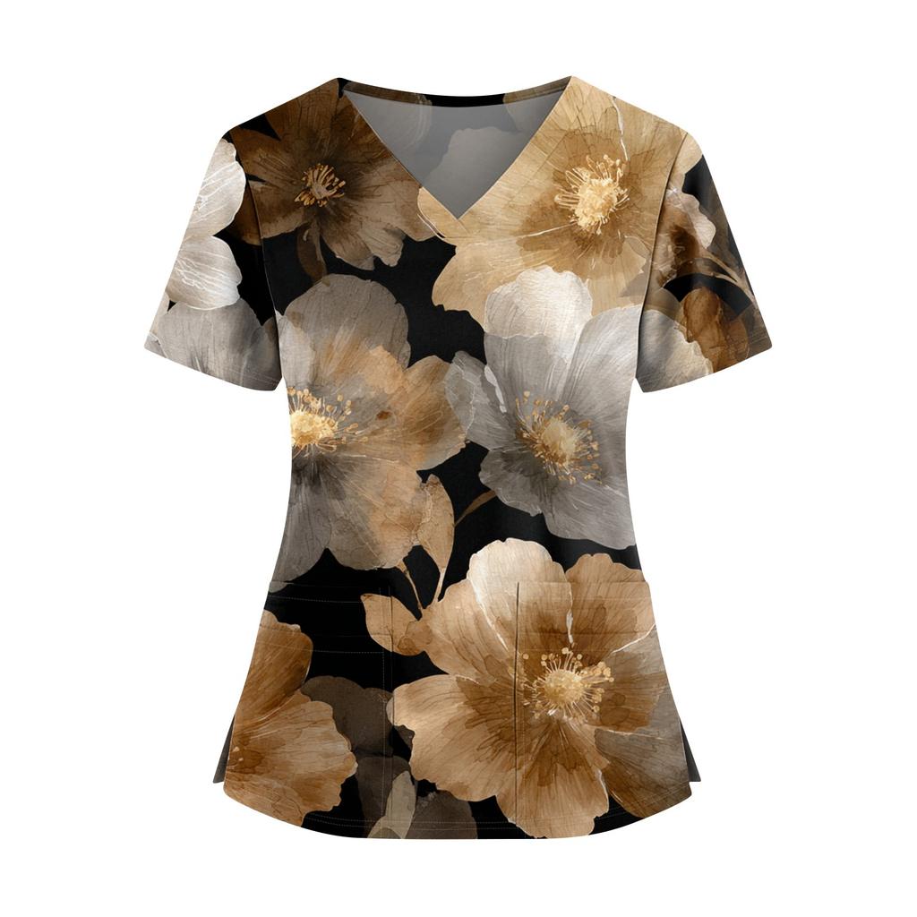 Ladies' Fashionable Floral Print V-neck Double Pocket Short Sleeved Shirt With Slit Hem And Protective Worker's Top