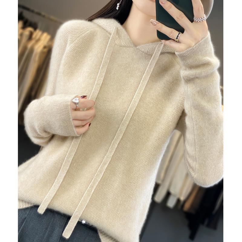 Autumn and winter pure wool sweater women's pure wool knitted hooded sweater pullover cashmere sweater fine wool