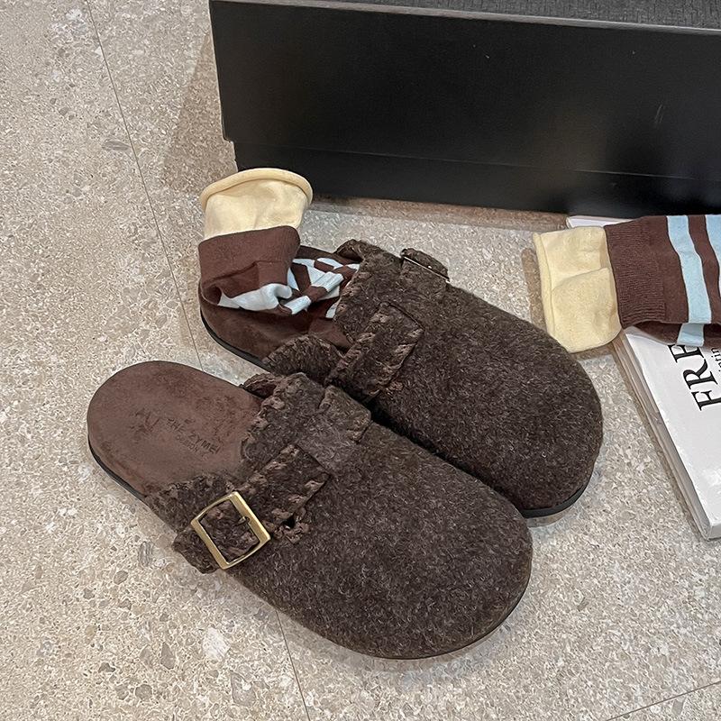 Cowhide Version~ Grey Fluffy Shoes for Women To Wear In Autumn and Winter, One Pedal, Platform Boken Shoes, Velvet Bag Head and Half Slippers.