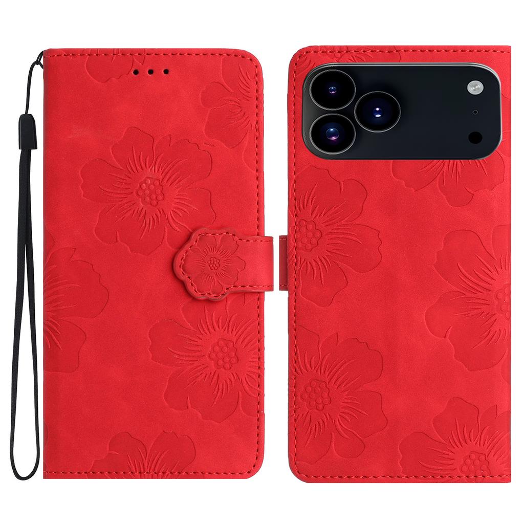 For iPhone 17 Pro Max Case Flower Design Leather Wallet Phone Cover with Wrist Strap