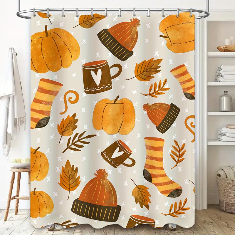 Autumn Harvest Charm: Festive Pumpkin, Knit Hats, and Leaves Pattern Shower Curtain for a Cozy Fall Bathroom Décor