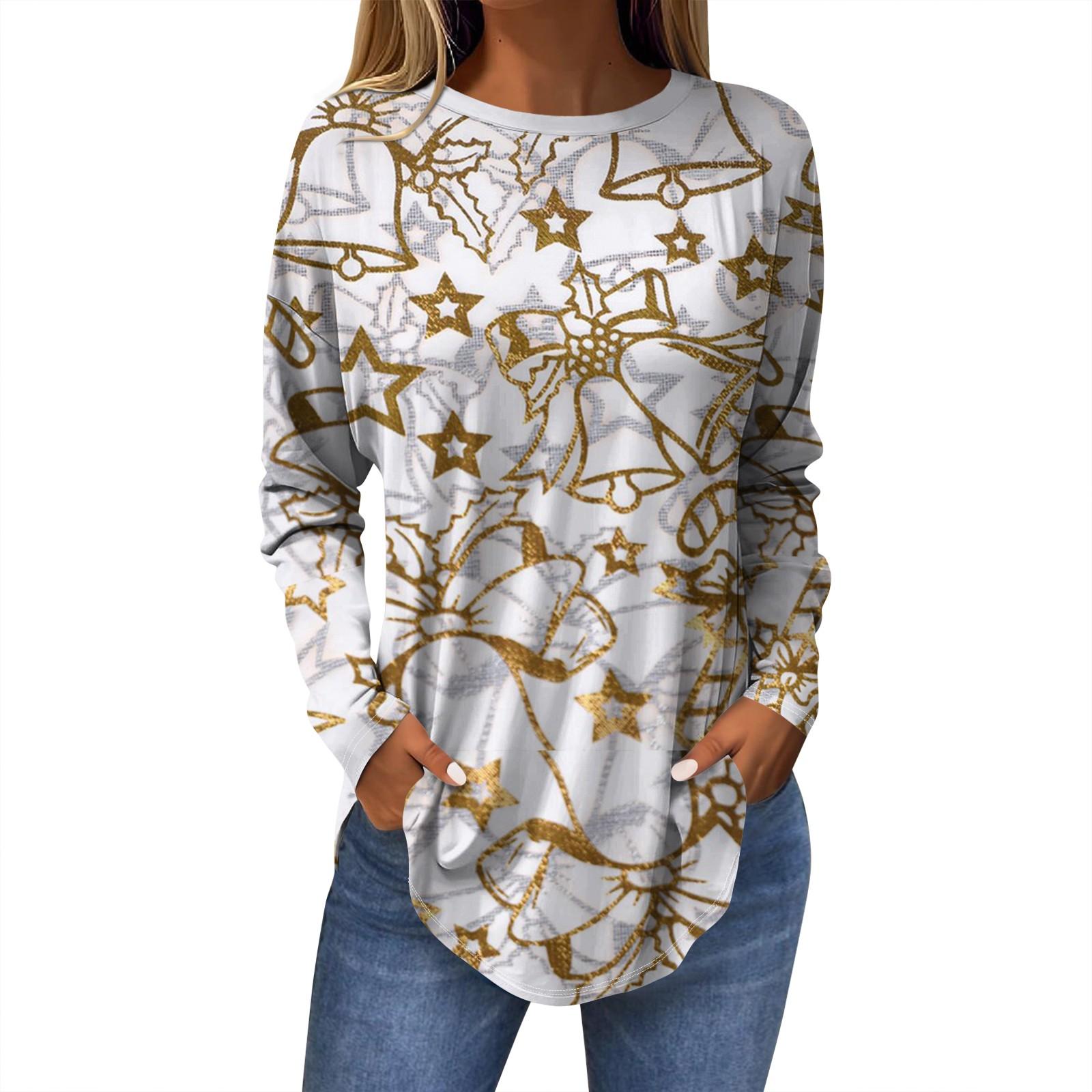 

Женская модная повседневная футболка с круглым вырезом и длинным рукавом с рождественским принтом XXL золотой