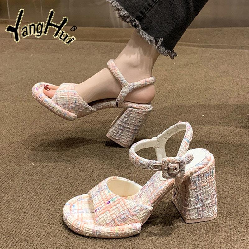 Elegant Temperament Party Thick  High Heels Pumps 2024 New Fashion Exposed Toes Non-slip Printing Women's Sandals Summer