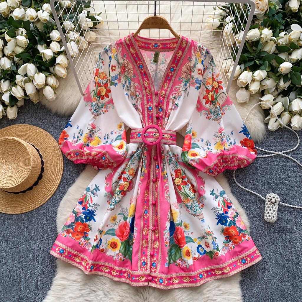 Spring New European and American Style Positioning Printing Waist Thin V-neck Single-breasted Lantern Sleeve Dress Short Skirt