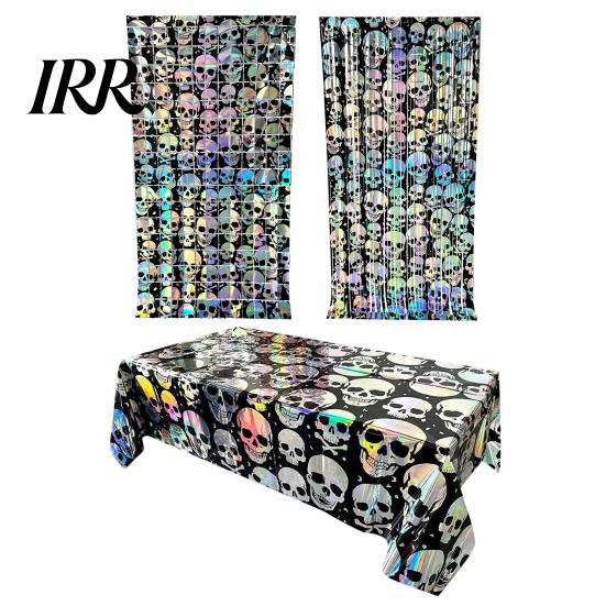 Halloween Background Skull Foil Fringe Curtain, Iridescent Disposable Tablecloth, Tinsel Curtain Table Cover Backdrop for Holiday Party Decoration