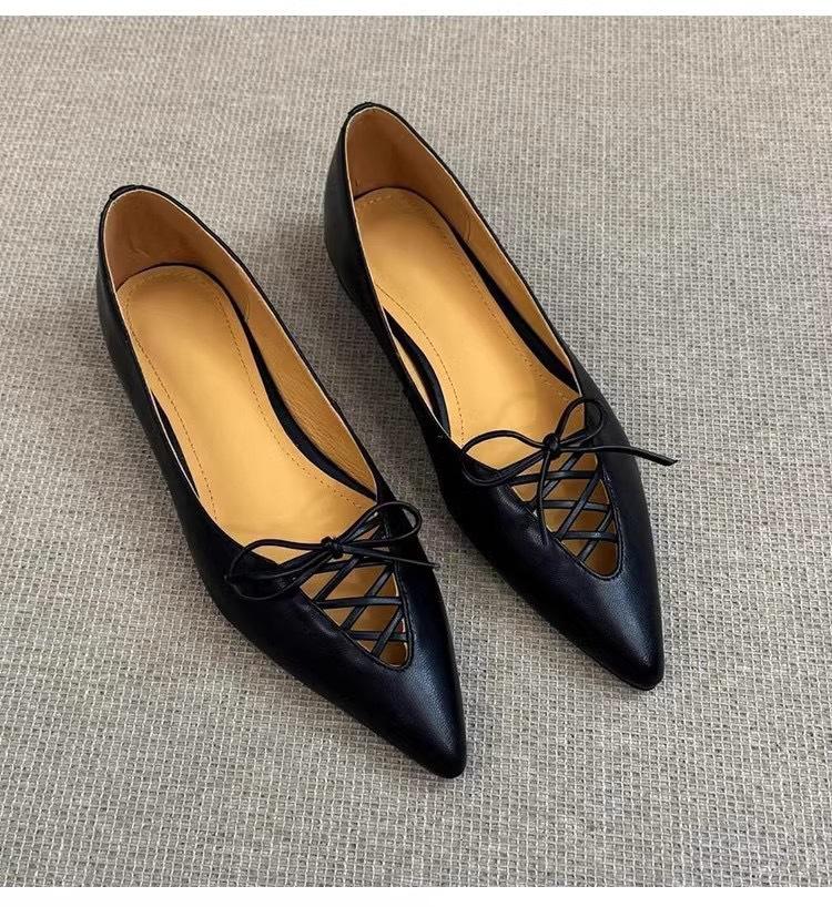 

Версия из овчины~ ретро остроносые туфли-лодочки с вырезом и бантом, женские новые универсальные неглубокие туфли на плоской подошве 40