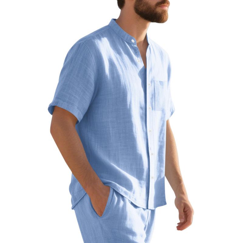 Herr sommar lös passform linne t-shirt enfärgad Henley-hals strand kortärmad skjorta