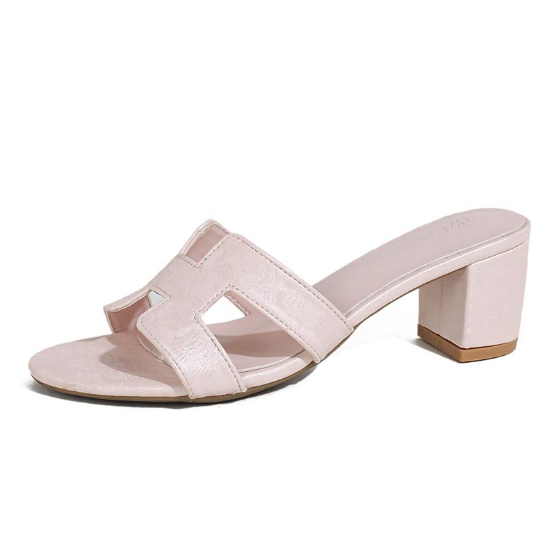 

Тапочки на толстом каблуке, женская верхняя одежда, лето 2025, новая кожаная пляжная верхняя одежда, классные тапочки на высоком каблуке, повседневные сандалии из одного слова для женщин 41 розовый