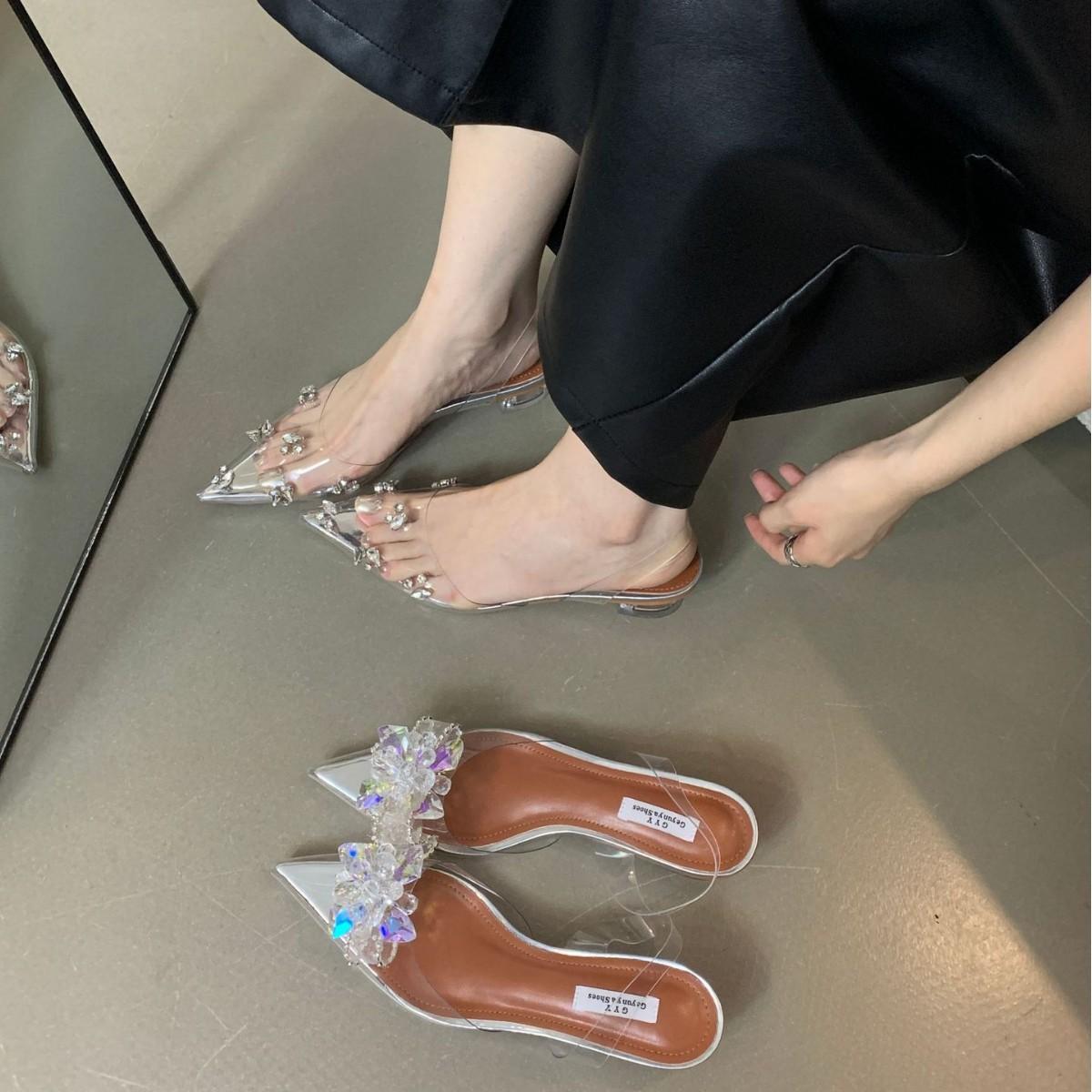 

Baotou back empty sandals women s summer transparent crystal thick heel rhinestone beaded pointed high heels 40