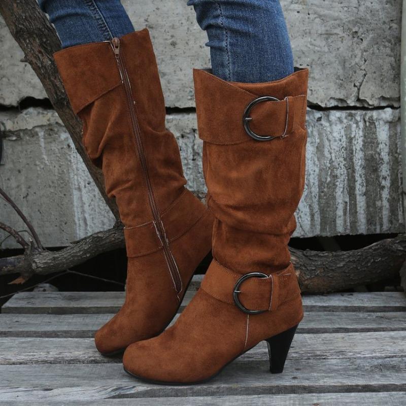 Large Size Kitten and Fashion Boots Autumn and Winter New Tall Tube But Knee Round Head Buckle Belt Women's Boots