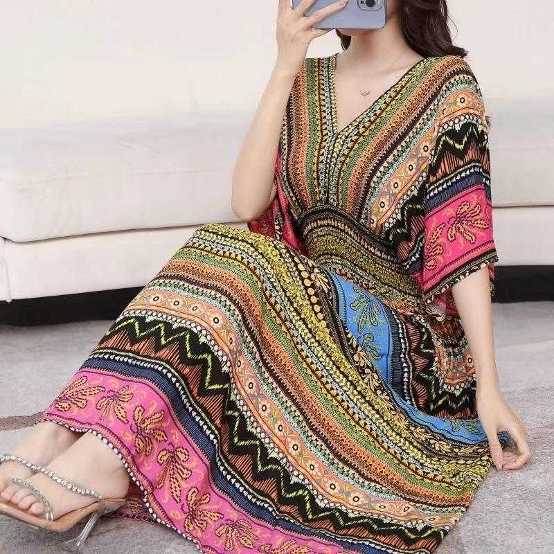 Ethnic Style V-neck Cotton and Silk Short-sleeved Beach Dress Thailand Travel Dress Summer Print Vacation Floral Skirt