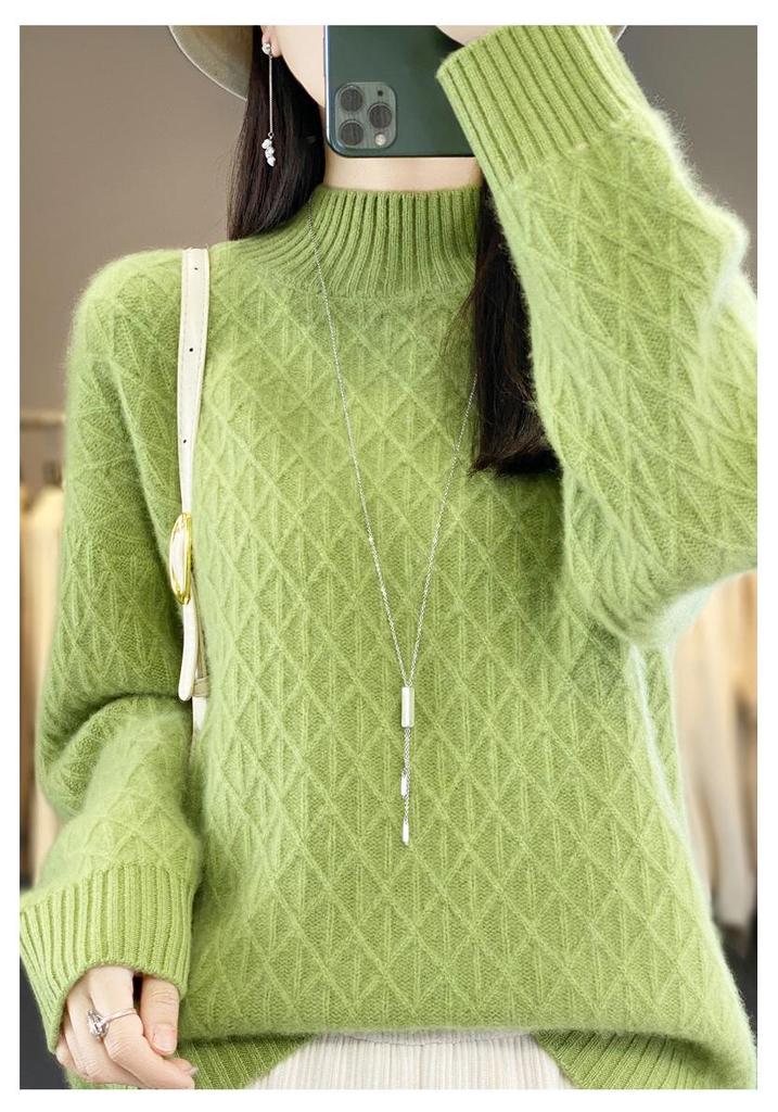 2023 Loose Fit High Neck Wool-Blend Sweater with Diamond Pattern for Autumn & Winter