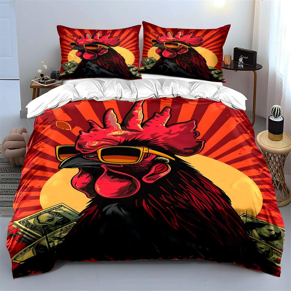 Stylish rooster, sunglasses, money. Bedding sets Duvet cover sets Duvet covers Pillowcases(1 * Duvet Cover 2 * Pillowcases without duvet insert)
