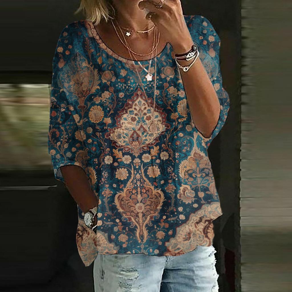 Women's Casual Fashion Three-quarter Sleeve Loose Round Neck Floral Print Top