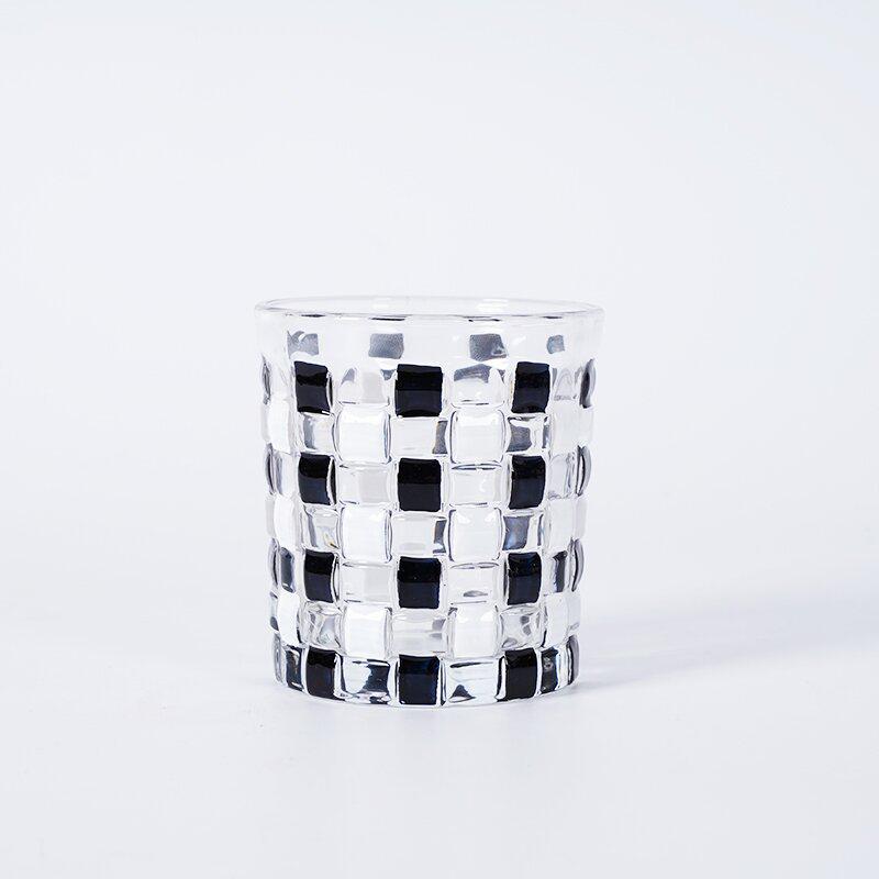 Hand-Painted Black & White Plaid Glass Cup for Beverages