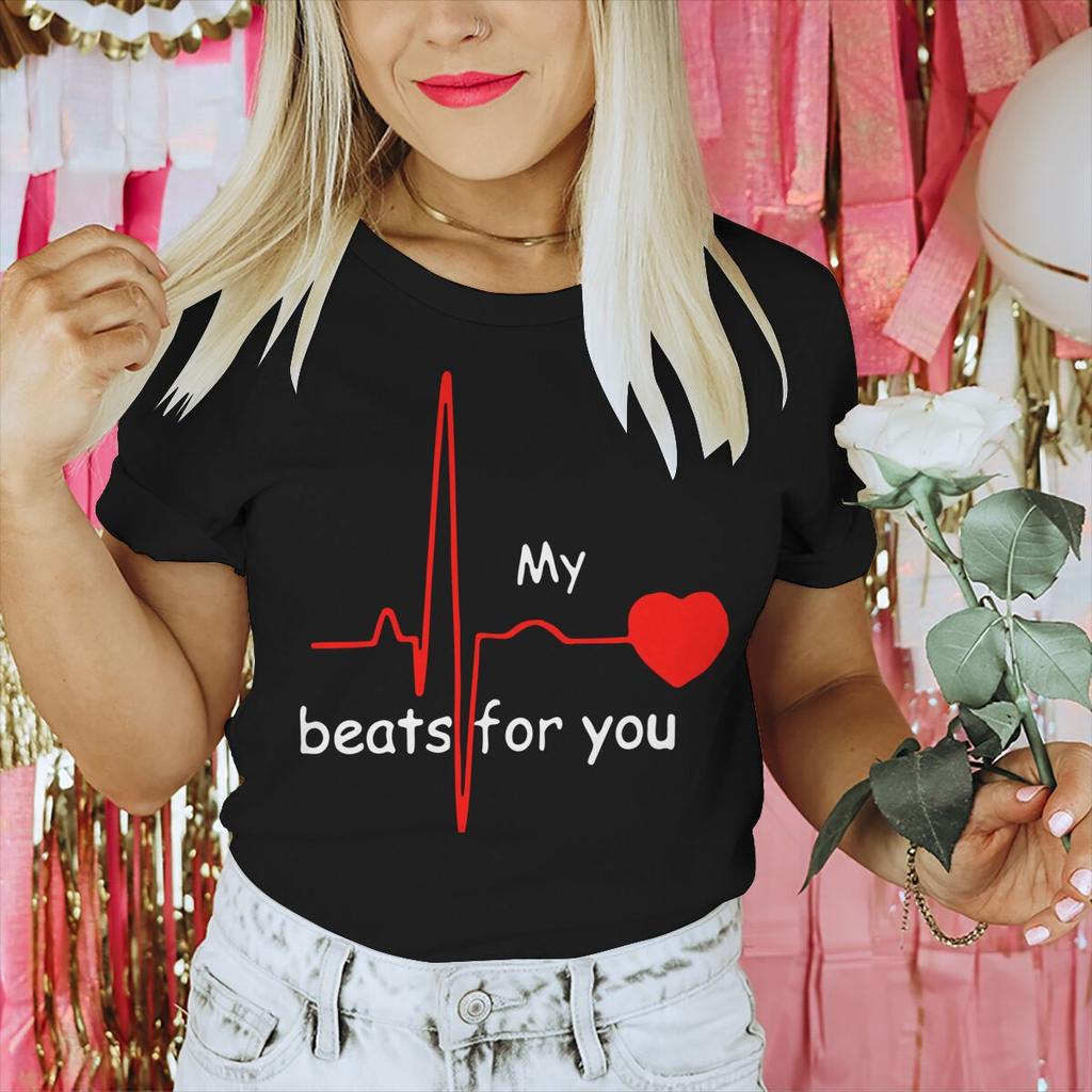 Couple Heart Beats for You Print T Shirt Causal Women Man Vintage Couples Matching Tshirt Short Sleeve Valentines Day Tees