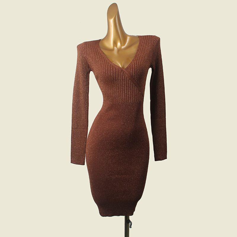 

Export V Neck Long Sleeves Knitting Dress Women s Autumn 2024 Silver Silk Silm Waist-Tight Package Hip Sweater Dress Brown S