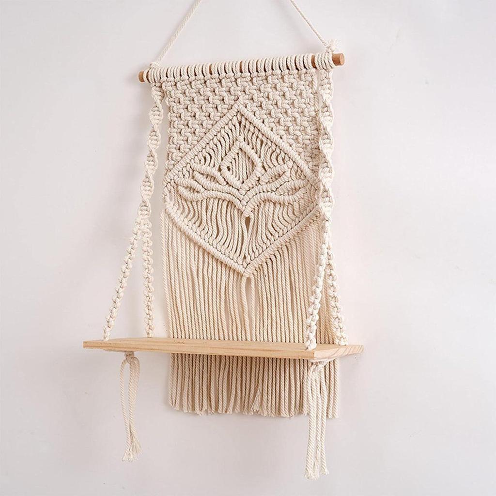 Decazone Macrame Indoor Wall Hanging Shelf Chic Decor Wood Floating Boho Shelves with Wooden Dowel Hand Woven Bohemian Decor