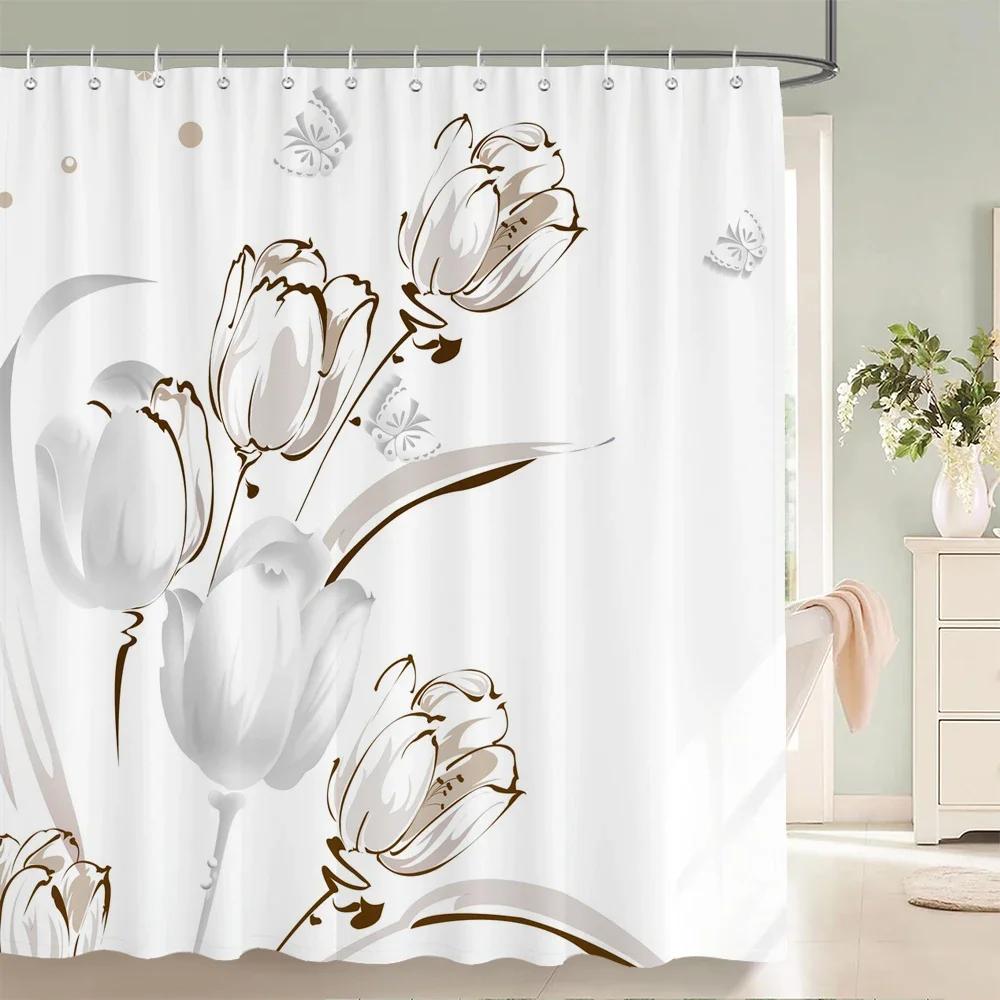 Flower Shower Curtain Bathroom Waterproof Polyester Shower Curtain Floral Printing Curtains for Bathroom Shower with Hooks